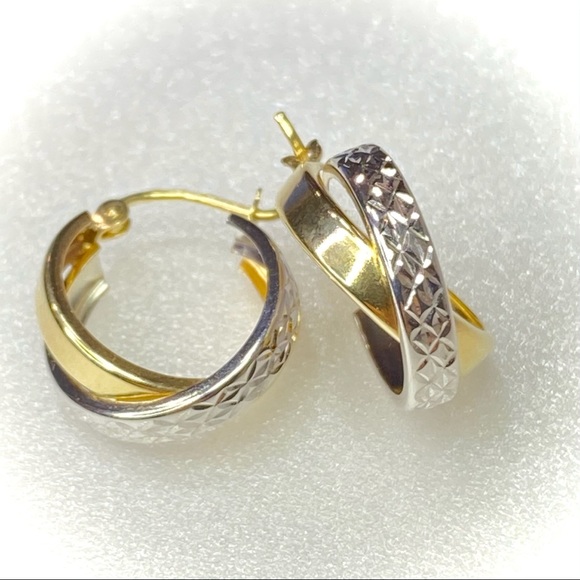 1 4K Gold Twist Diamond Cut Hoop Earrings - Picture 4 of 6